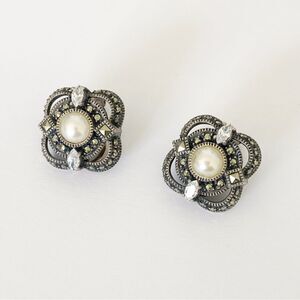Judith Jack vintage sterling pearl marcasite clip earrings
